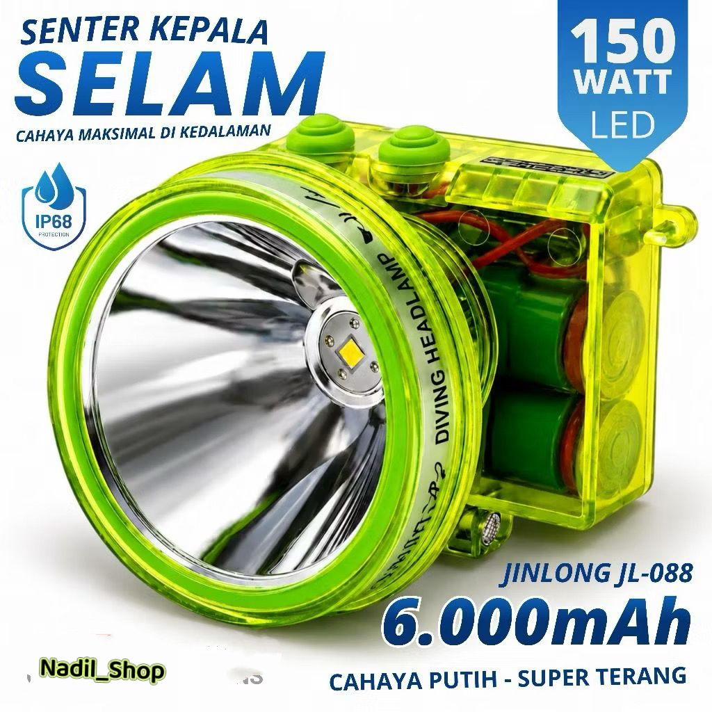 senter kepala selam original jinlong 150 watt cahaya putih JL-088 Kapasitas Batrai 6000mAH