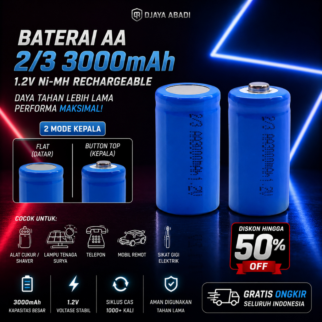 Baterai Cas Type 2/3 AA 3000mah 1.2V Flat Top / Kepala - Batre Charger AA 2/3 3000Mah