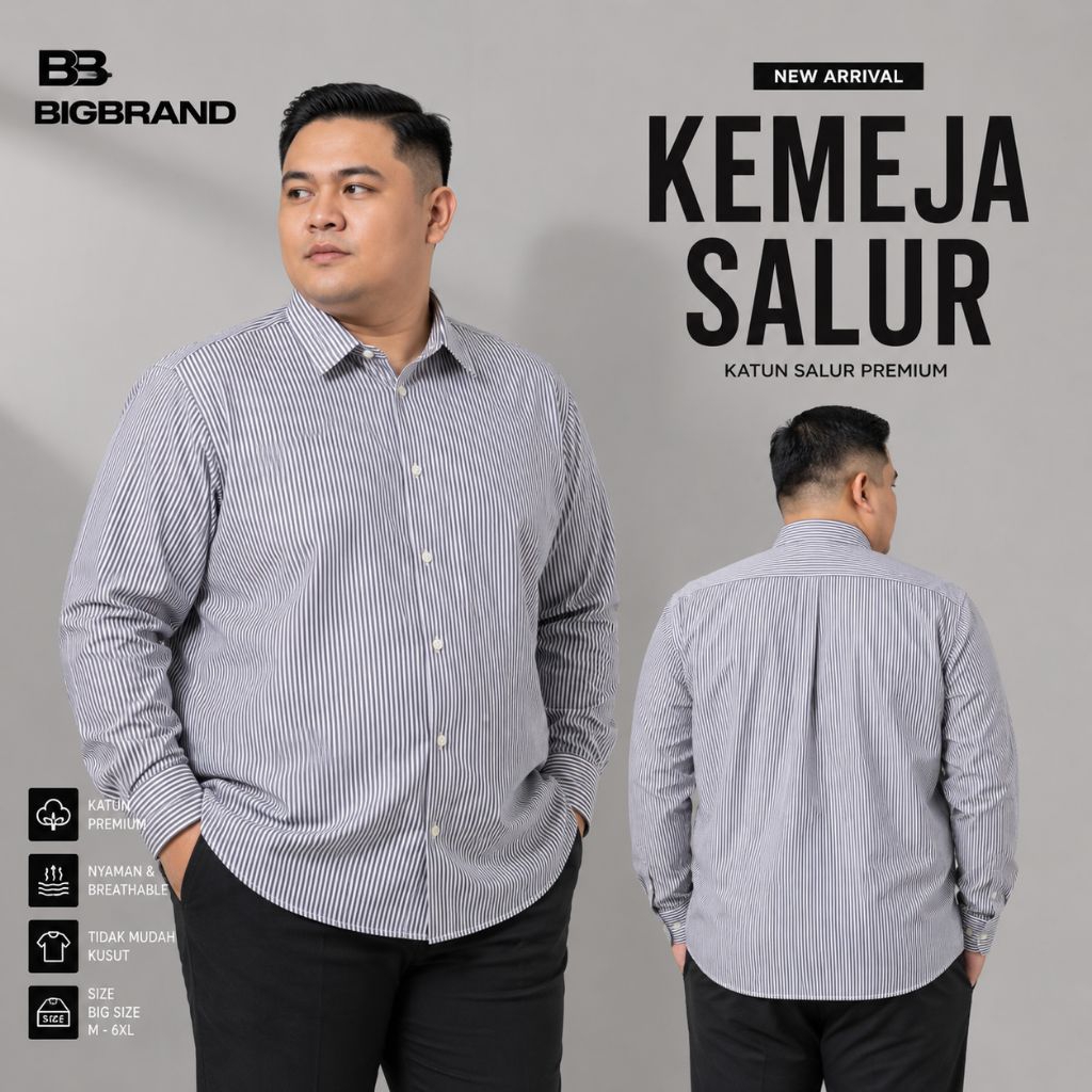 Terbaru Kemeja Salur Pria Jumbo Lengan Panjang Motif Stripe Garis garis Bigsize