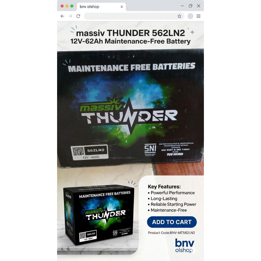 Aki kering mobil all new Fortuner bensin 562LN2 Massive Thunder
