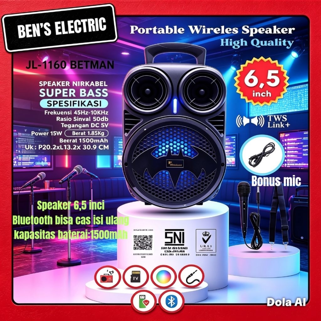 Jin Long JL-1160 Betman Speaker Bluetooth Portable 6.5 Inci 15W Bonus Microphone Kabel Aktif Wireles