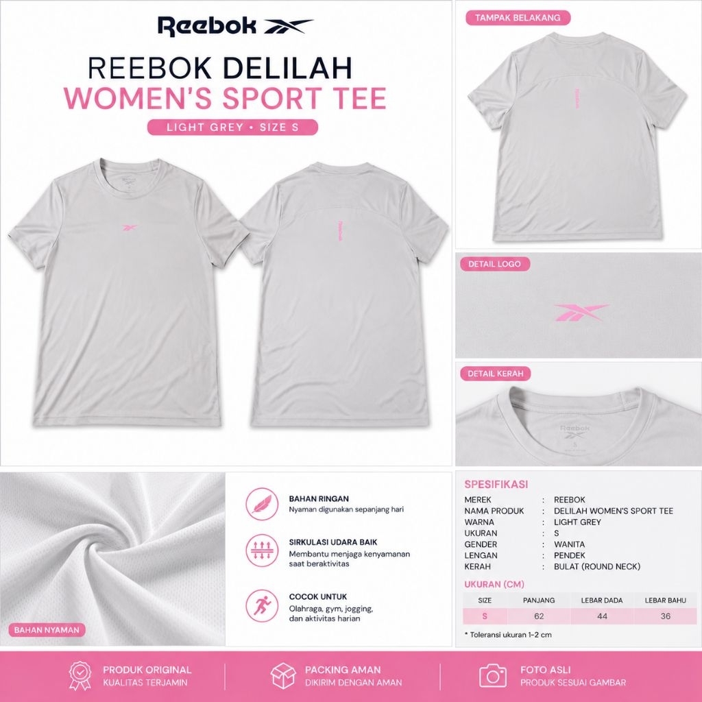Reebok Delilah Sport Women Tee Light Grey Asia S Baru Original Tag On