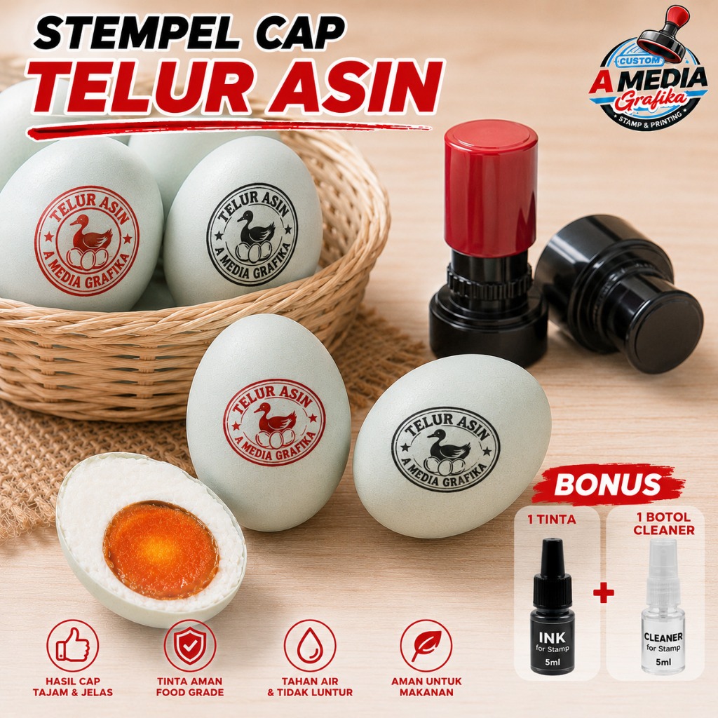 Stempel Cap Telur Asin Custom Logo Nama Usaha Bentuk Oval & Bulat + Bonus Tinta dan Cleaner 5ml