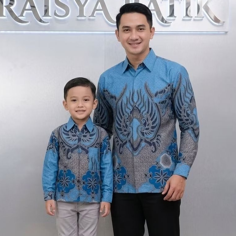 Kemeja Batik Couple Ayah Dan Anak Warna Biru Langit, Bahan Katun Premium Furing Arrow Motif Sengkert