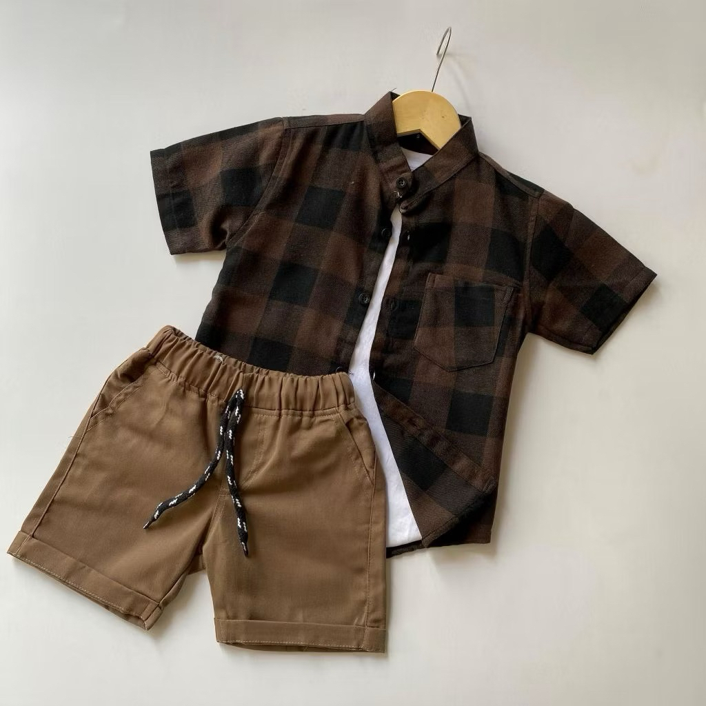 Setelan anak laki laki kemeja flannel celana broadshort twill union usia 1-5th