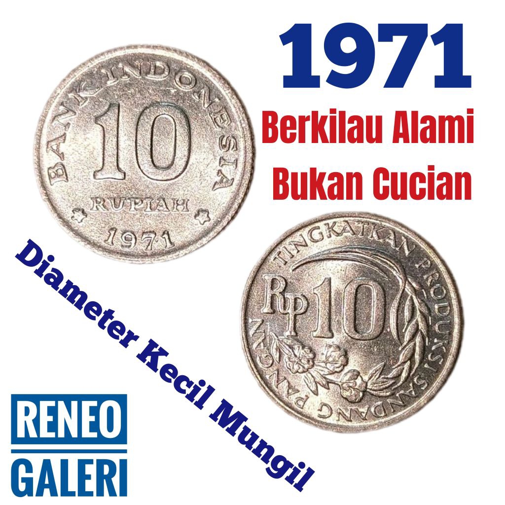 Berkilau Koin Mungil Rp 10 Rupiah tahun 1971 Kancing padi kapas Uang Kuno logam Indonesia Gress Mulu
