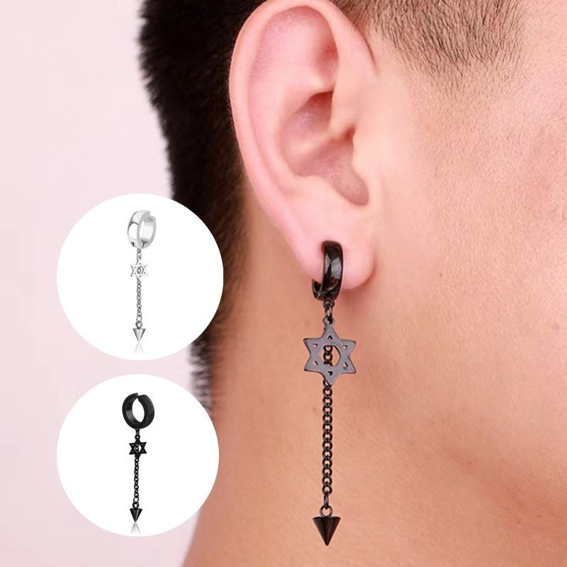 Anting Rantai Tindik Jepit Bintang Hexagram Style Anti Karat / Anting Jepit Tindik Pria Wanita Gothi