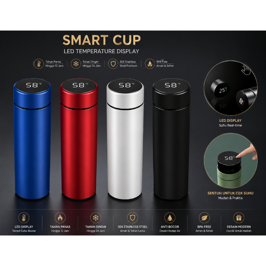 Botol Minum Termos Air Panas vacuum flask Led Suhu Tumbler Stainless Comos