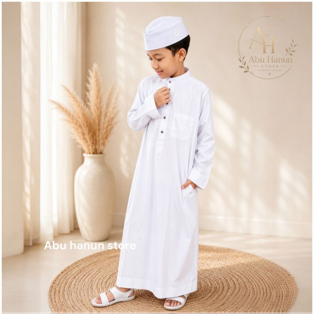 Gamis Putih Allebas Premium Remaja Anak Laki-Laki | Baju Muslim Polos Kancing Premium Nyaman
