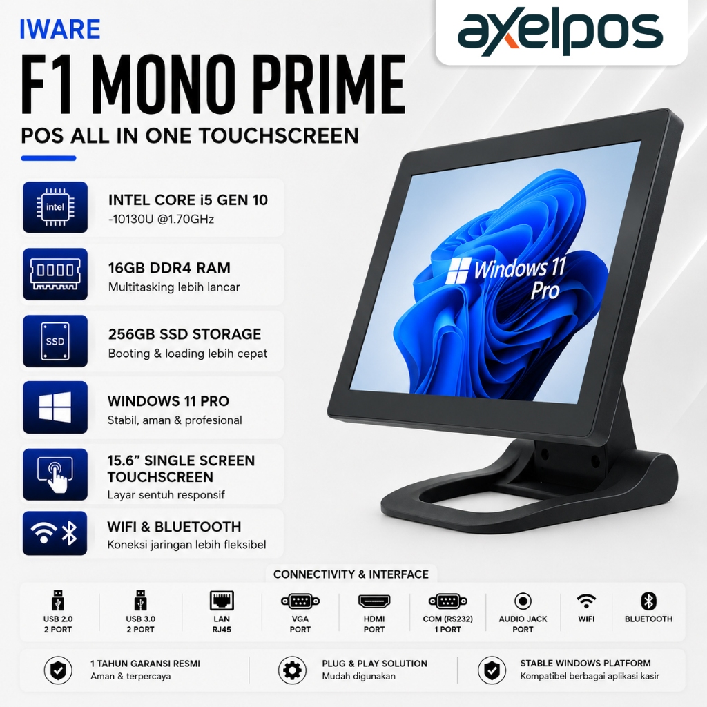 Axelpos Iware F1 mono Prime Pos All In One Mesin Kasir 15.6 Touchscreen Single Display Intel Core I5