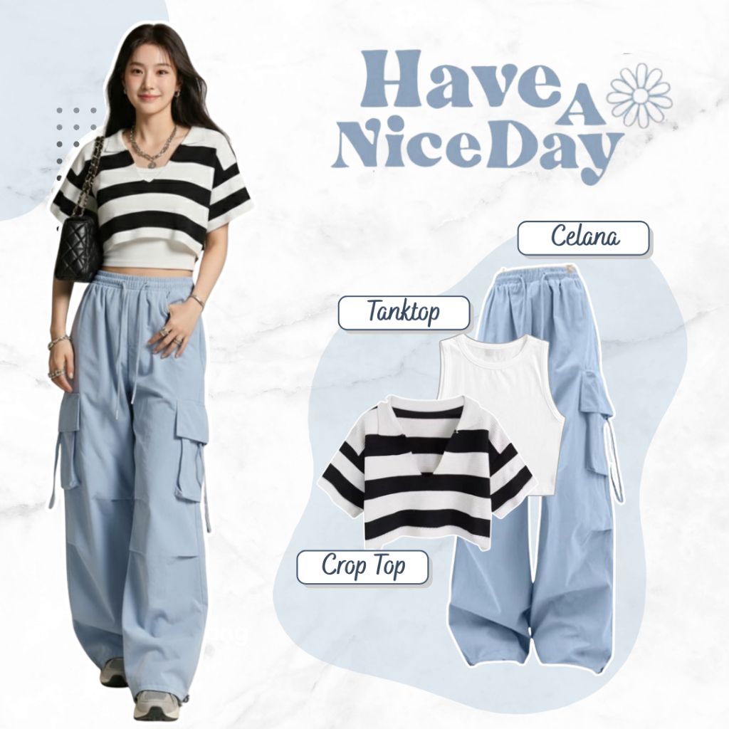 One Set Crop Setelan Celana Cargo Korean Style (L-Knit Crop Top Stripe + Tanktop Wanita + Celana Car