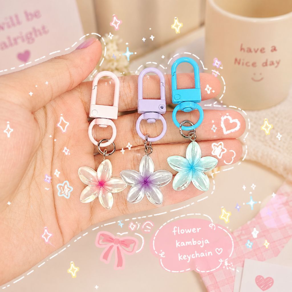 Gantungan Kunci Bunga Kamboja Resin Estetik / Ganci Bag Charm Tas Lucu Bali - Biru Pink Ungu