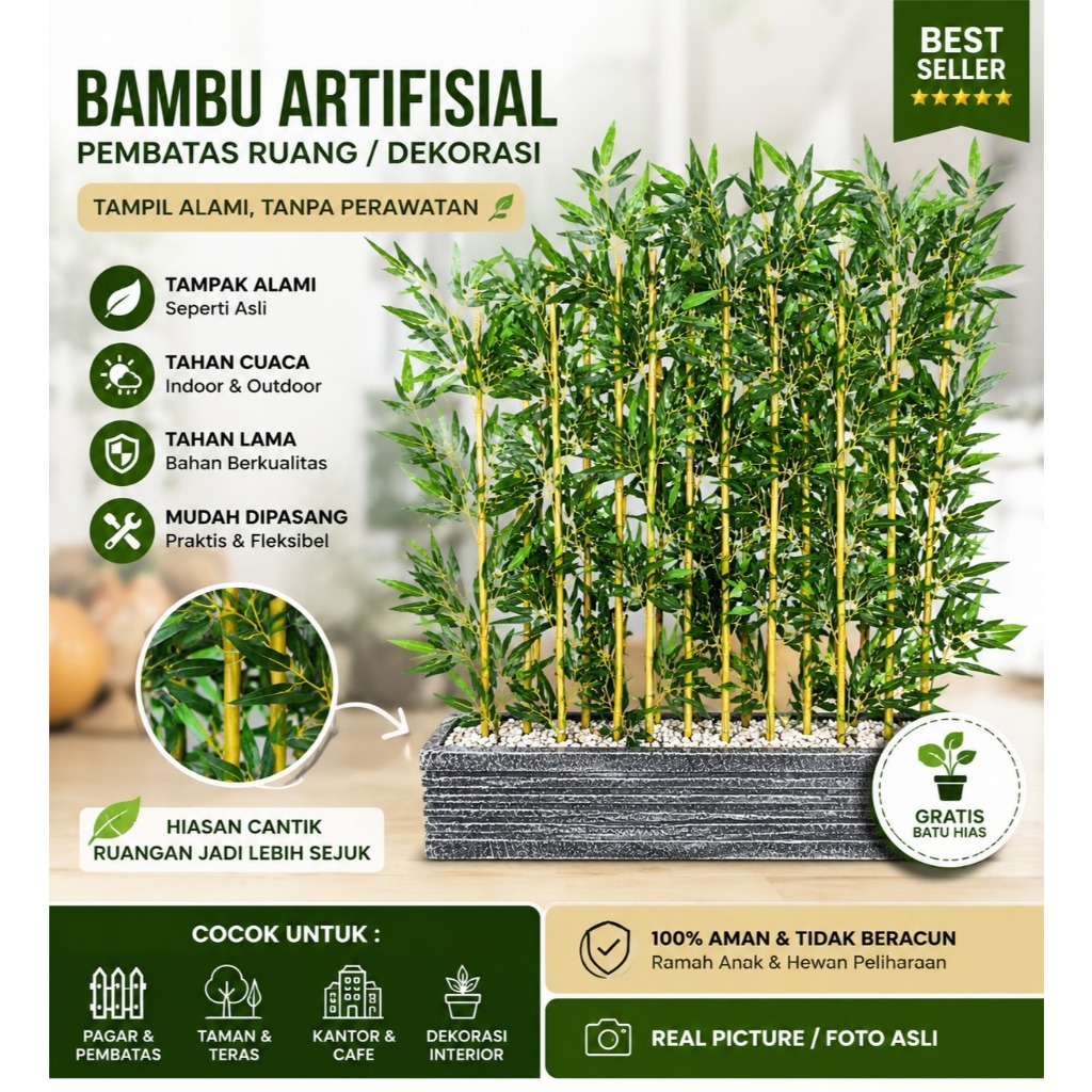 Bambu Partisi Artificial POT COR ( OUTDOOR / TAHAN AIR ) Hiasan Dekorasi Rumah Penyekat Pembatas Rua