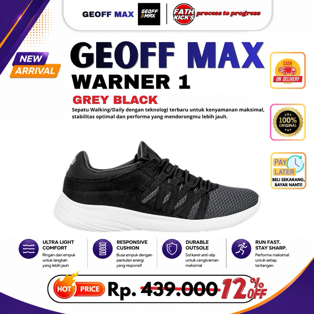 Sepatu Geoff Max Athletica Original - Warner 1 Dark Grey | Sepatu Olahraga Pria Wanita | Running Jog