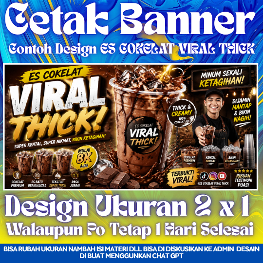 Cetak Spanduk Tema Es Cokelat Viral, Es Yakult Mix Buah, Matcha Latte, Bakso Benhil Murah & Sehari J