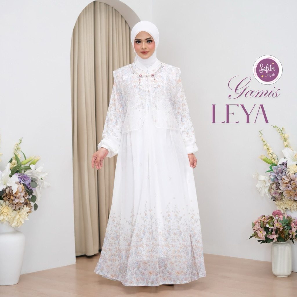 SAFITRI HIJAB - GAMIS LEYA Gamis Putih Brokat Ceruty Printed Premium Mewah Pesta Kondangan Manik Pay