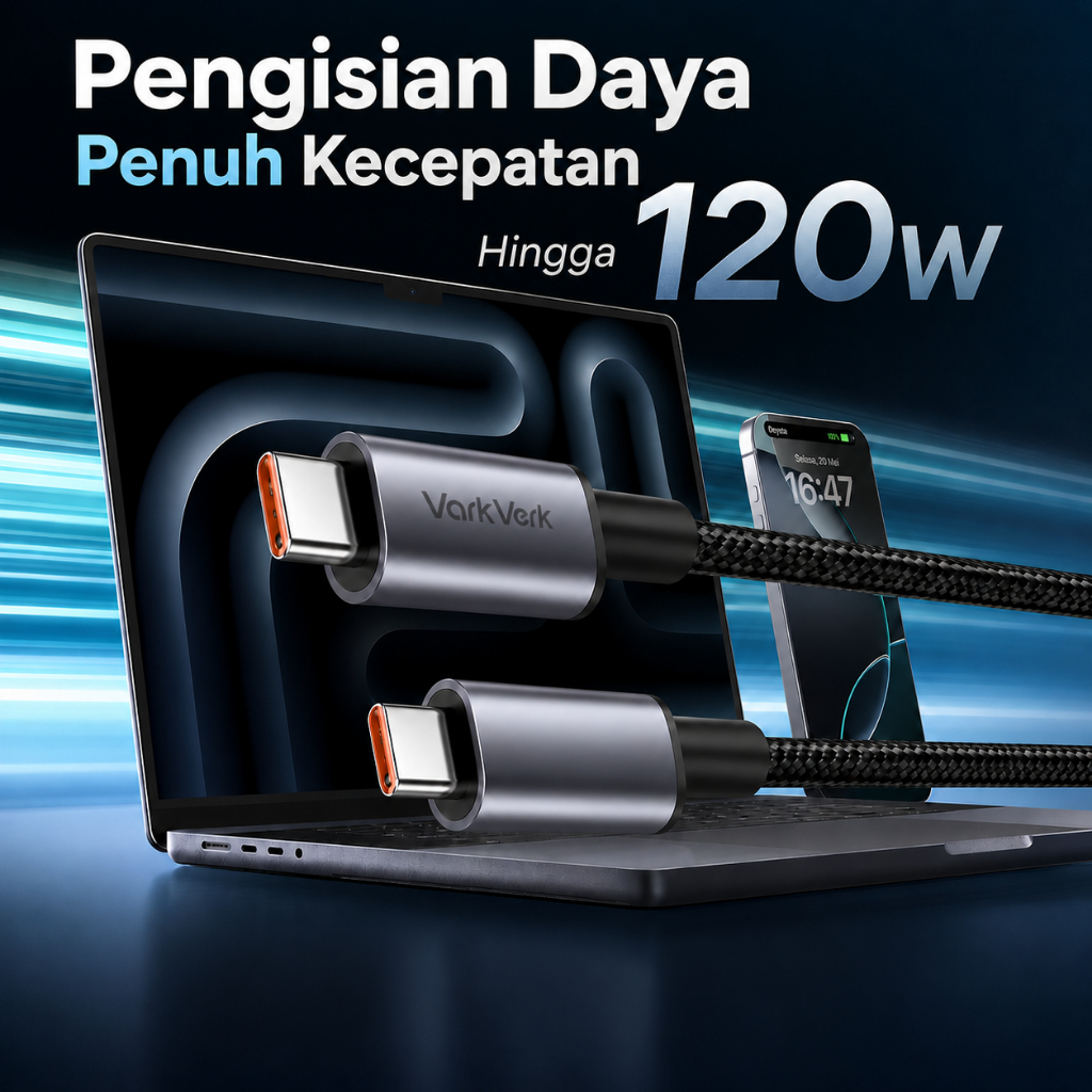 Hemat Varkverk (C04)Kabel Usb-C To Usb-C 120W Fast Charging, Type-C Ke Type-C 120W, Kabel Charger