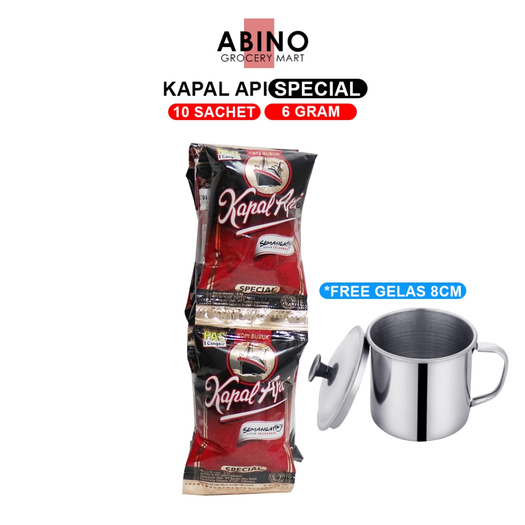 Kopi Kapal Api Special Mini Tanpa Gula 10 Sachet x 6gr (1 Renteng) Free Gelas Mug Cangkir 8cm