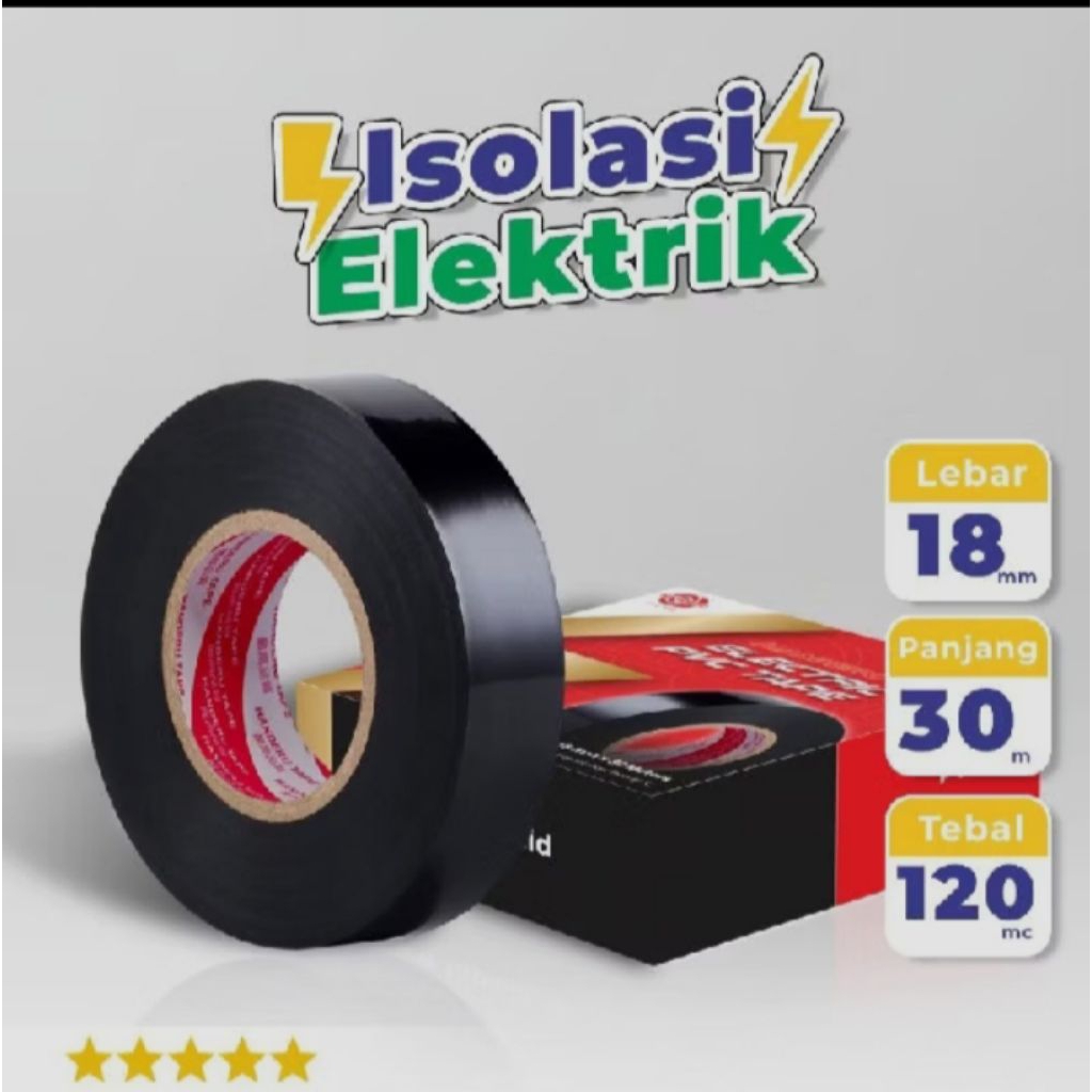 SOLASI LISTRIK HITAM LAKBAN LISTRIK BENGKEL LEBAR 18 MM PANJANG 30 METER TEBAK TEBAL 120 MC TERMURAH