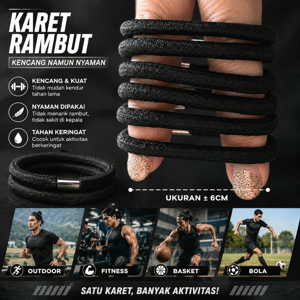 6 pcs karet rambut hitam aksesoris rambut korea ikat rambut pria tebal