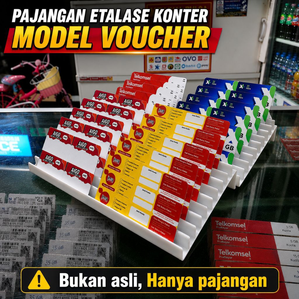 PAJANGAN ETALASE konter pulsa model voucher TELKOMSEL, INDOSAT, XL, TRI, SMARTFREN, AXIS, B.YU Bahan