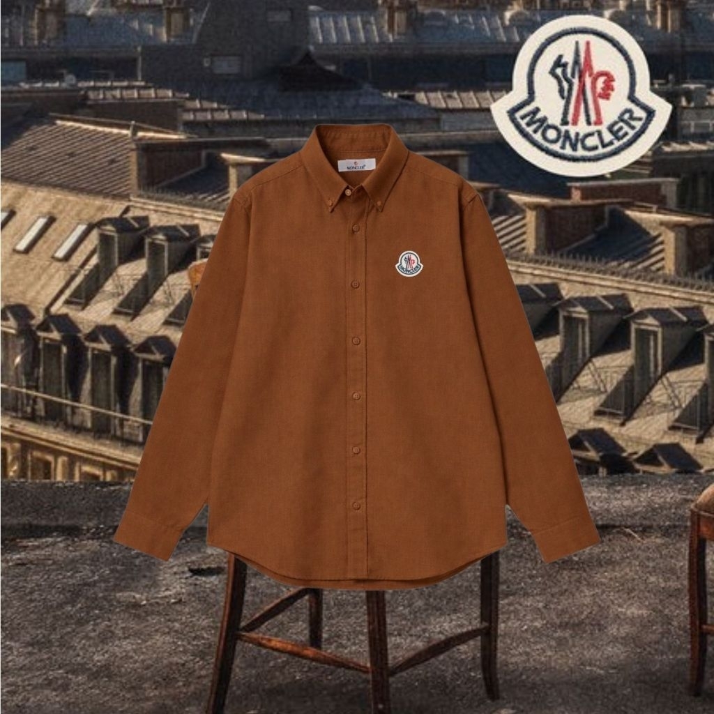 MONCLER Kemeja Pria Kasual Lengan Panjang Logo Bordir Katun