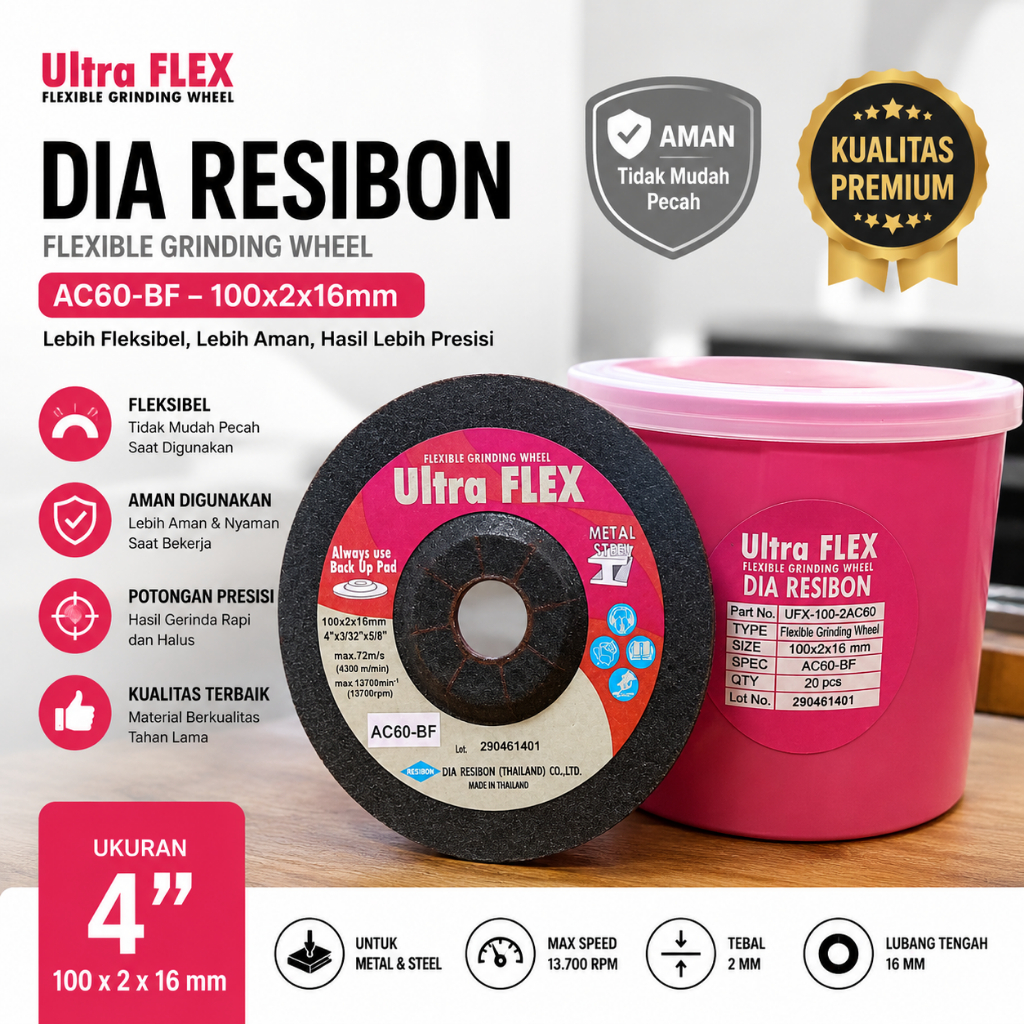 Ultra FLEX Flexible Grinding Wheel AC60-BF 4 Inch 100x2x16mm Batu Gerinda Fleksibel Dia Resibon Orig