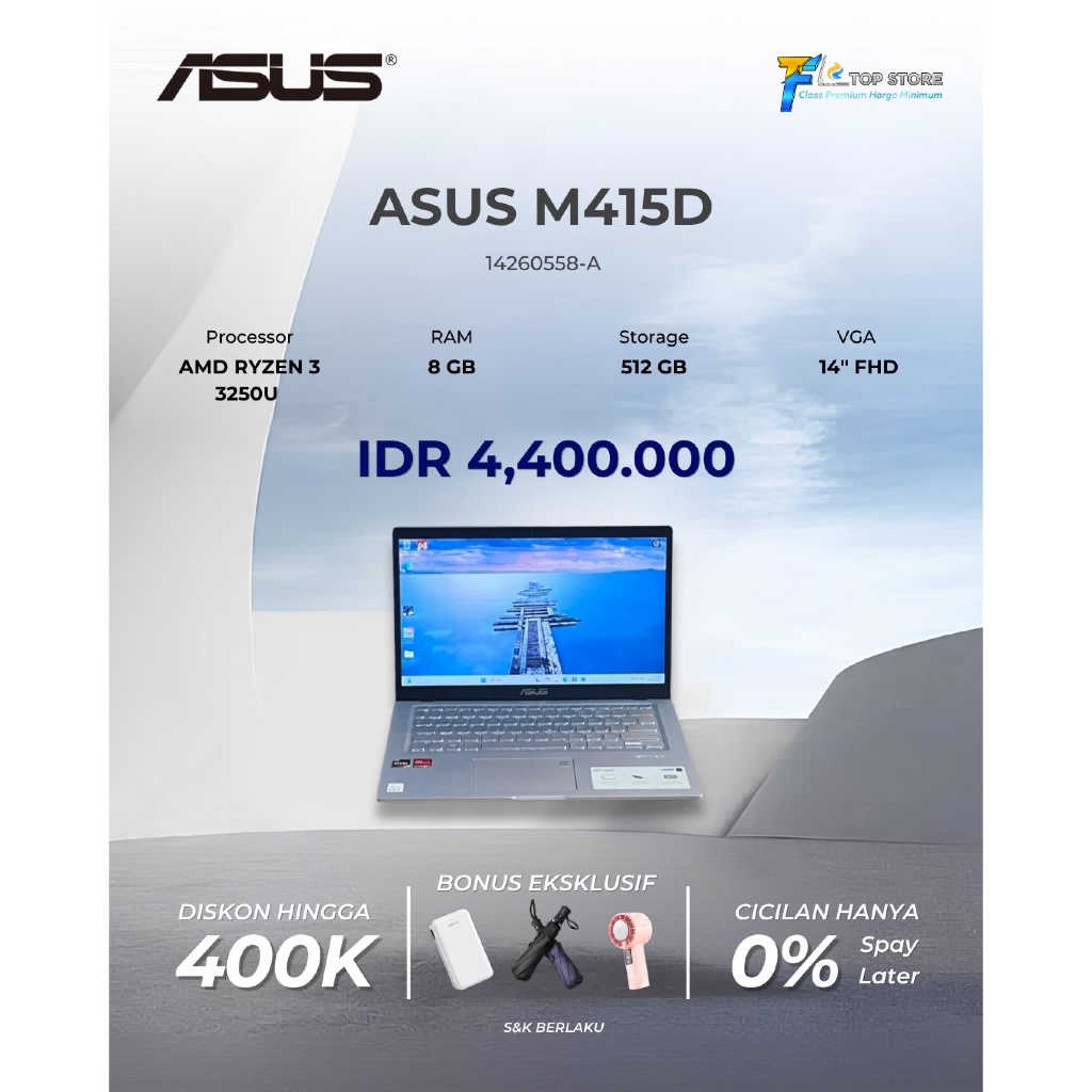 LAPTOP ASUS VIVOBOOK M415DAO AMD RYZEN 3 3250U RAM 8GB SSD 512GB BACKLITE FINGER PRINT LIIKE NEW