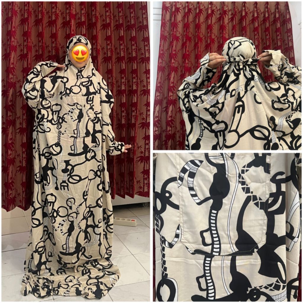 Mukena Terusan Dewasa One Piece Rayon Premium Adem Motif Floral/Abstrak Tali Belakang Saku Besar Jum