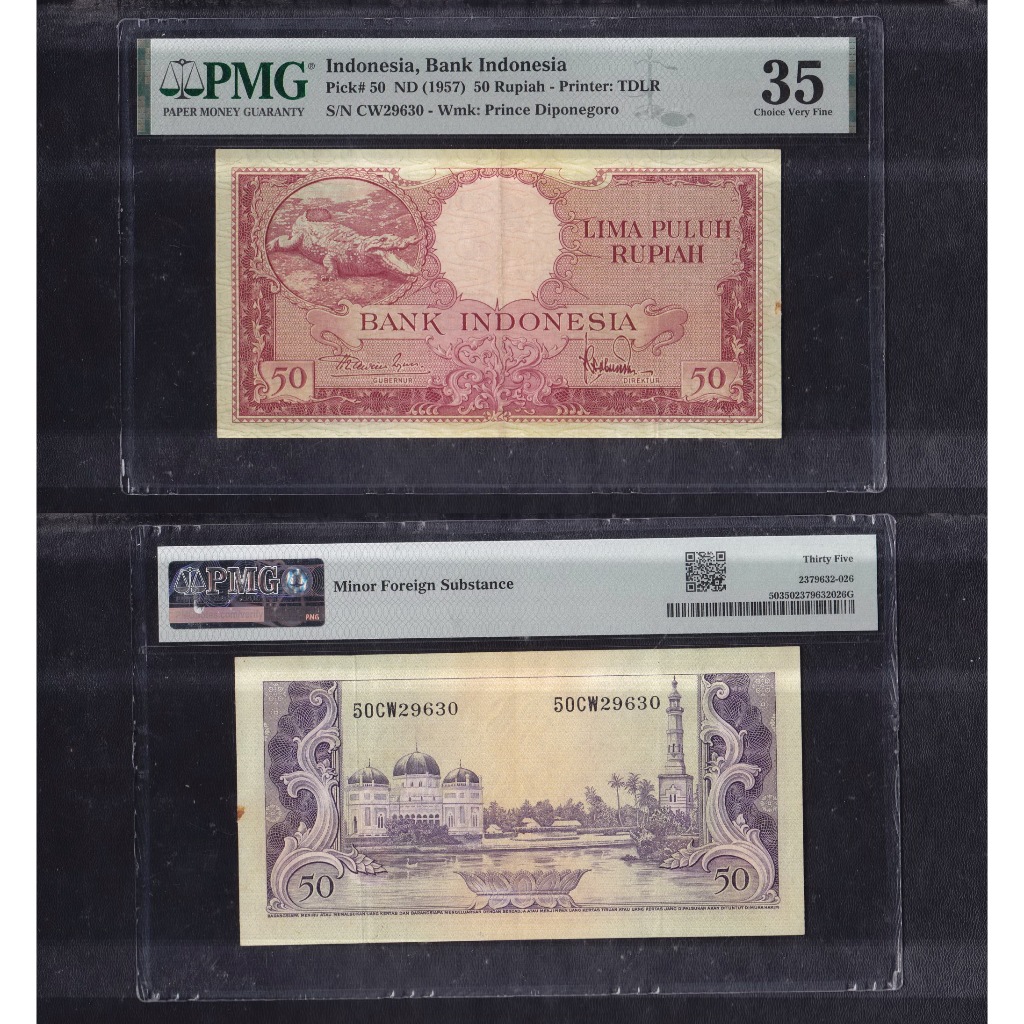 Uang kuno PMG 35 - 50 Rupiah tahun 1957 seri Hewan Buaya S/N CW29630