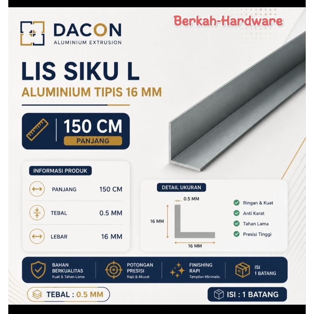 (150 CM) Lis Siku L Alumunium Tipis 16 MM Dacon | Lis Siku Alumunium