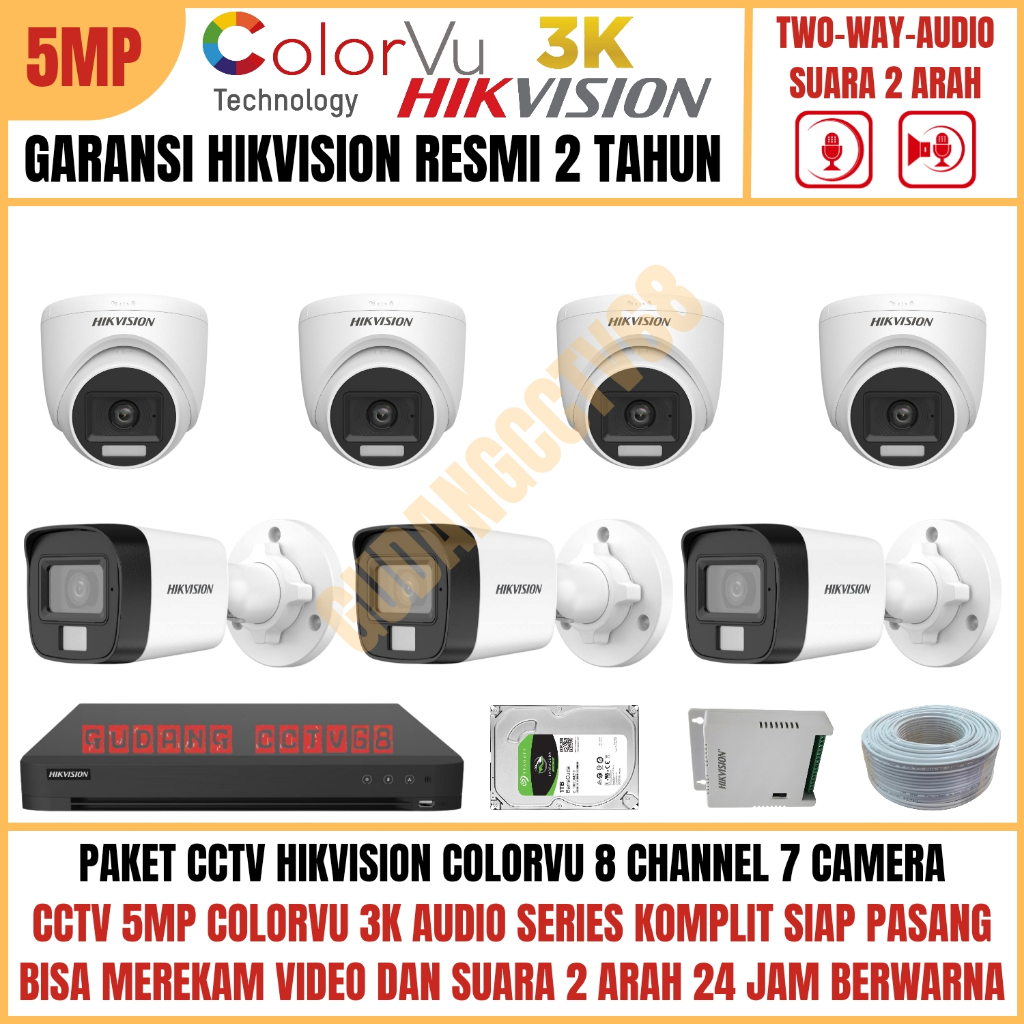 Paket CCTV HIKVISION COLORVU 8 Channel 7 Camera 5MP 3K Full Colour AUDIO TWO WAY Komunikasi 2 ARAH