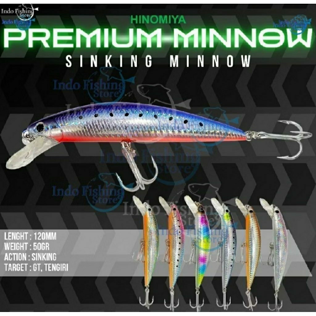 Umpan HINOMIYA Premium Minnow Sinking 12cm 50gr Mancing Ikan Tengiri GT Tribble Hook VMC Kuat Tajam