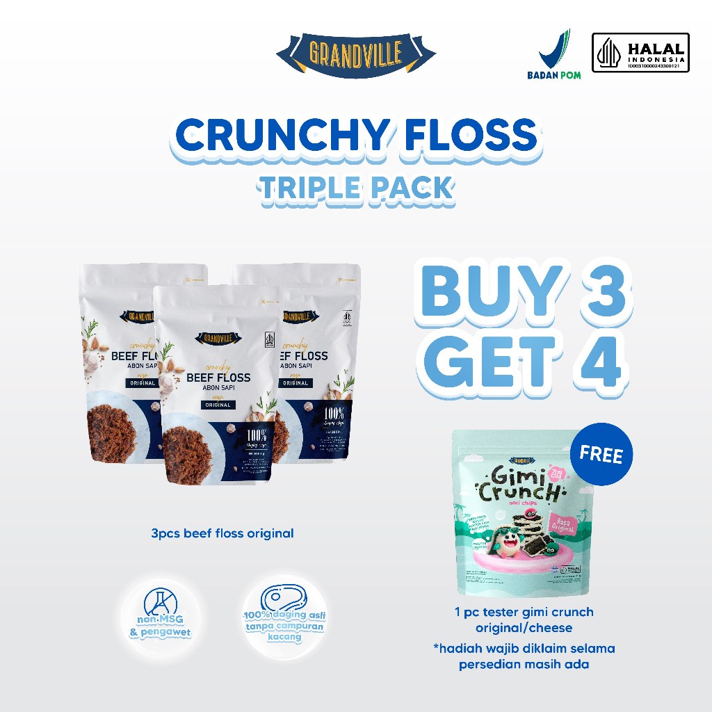 Grandville Abon Sapi Crunchy Halal Triple Pack Original - Aman untuk anak usia MPASI