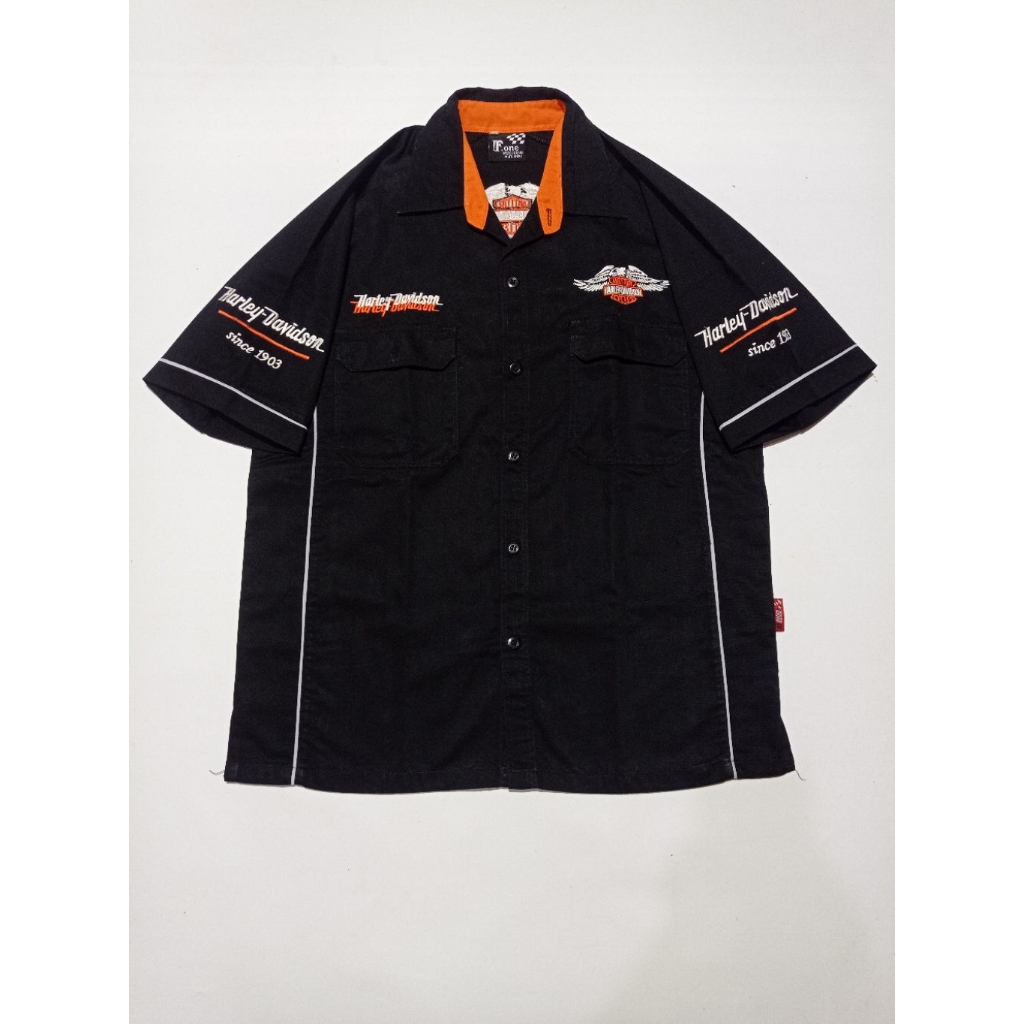 Kemeja Workshirt Racing Harley Davidson Motorcycle  Full Bordir Warna Hitam Size L Second Brand Harl