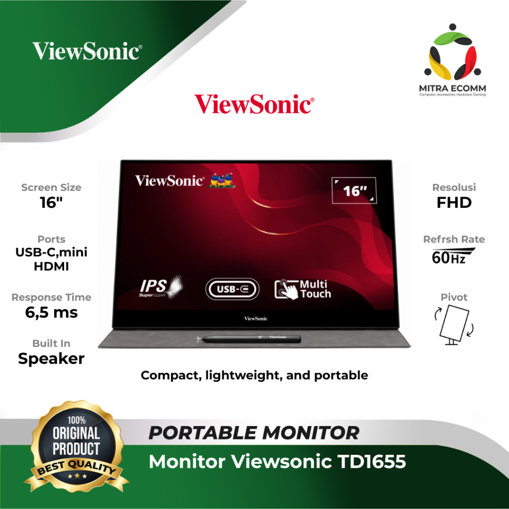 Monitor Portable Viewsonic TD1655 15.6" Touch 1080p IPS - Garansi Resmi