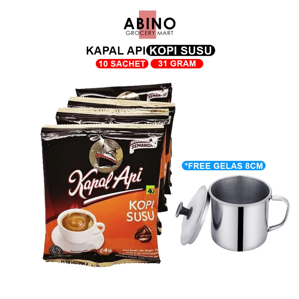 Kopi Kapal Api Susu 10 Sachet x 31gr (1 Renteng) Free Gelas Mug Cangkir Stainless 8cm