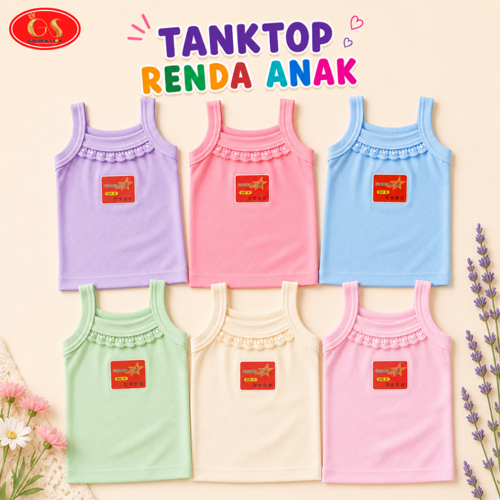PROMO 6 Pcs Tenktop warna warni / Kaos Dalam Singlet Perempuan merek Golden Star Size 6 Bln - 13 Tah
