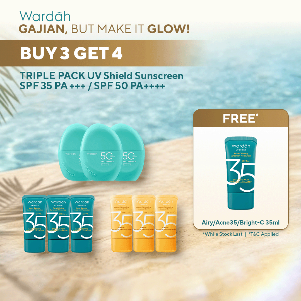 Wardah Sunscreen UV Shield Triple Pack Buy 3 Get 4 SPF 35 PA +++ / SPF 50 PA++++ (Airy Smooth, Essen