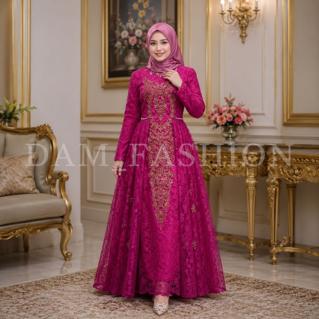 Gamis brokat bordir bulet lengkap dengan payet/gamis lebaran/gamis wanita/gamis kondangan simple ele