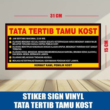 STIKER SIGN RAMBU TATA TERTIB TAMU KOST/ STIKER PERATURAN KOST