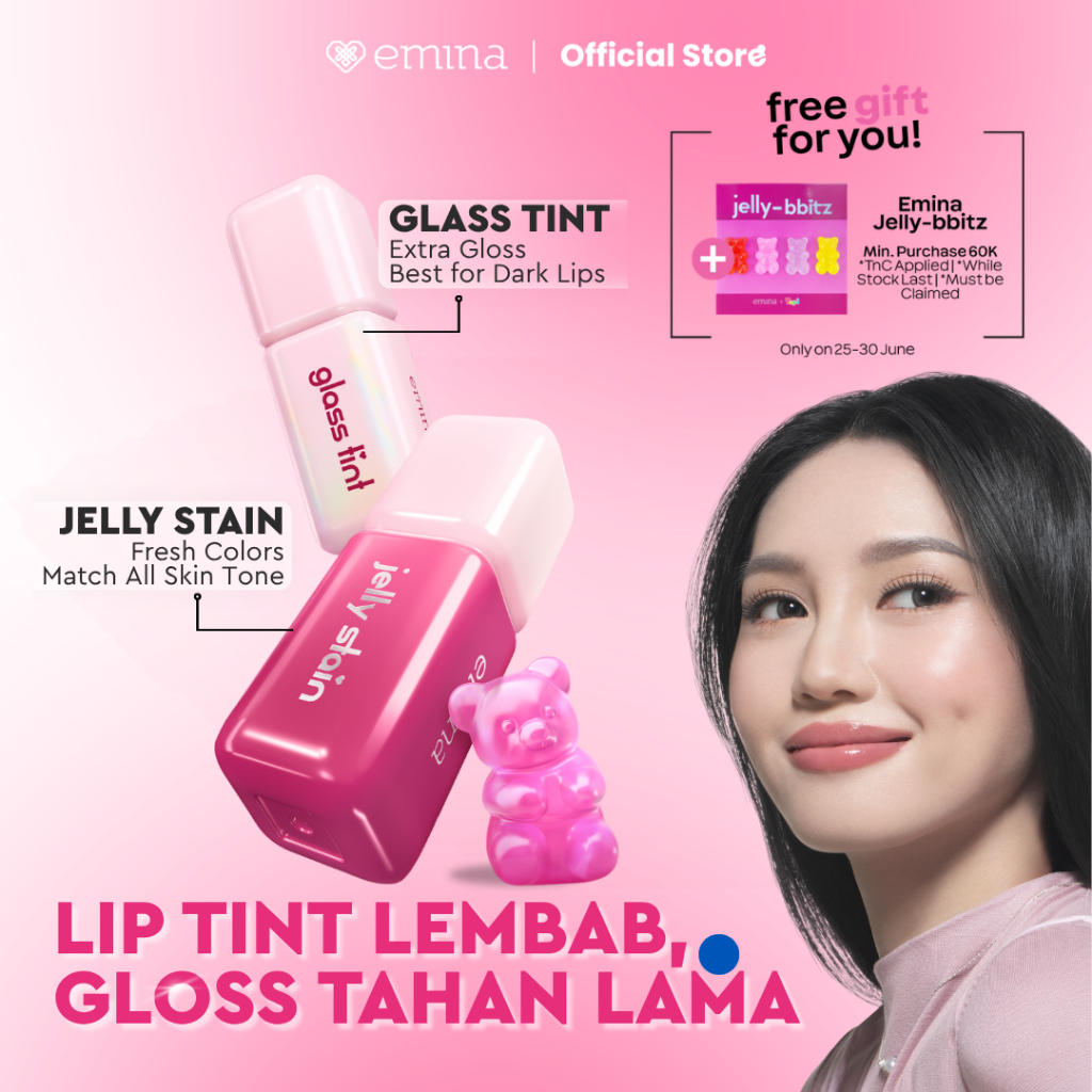 EMINA Lip Jelly Stain & Glass Tint - Korean Liptint Glossy Ombre Tahan 12 Jam Ringan Longlasting Tra