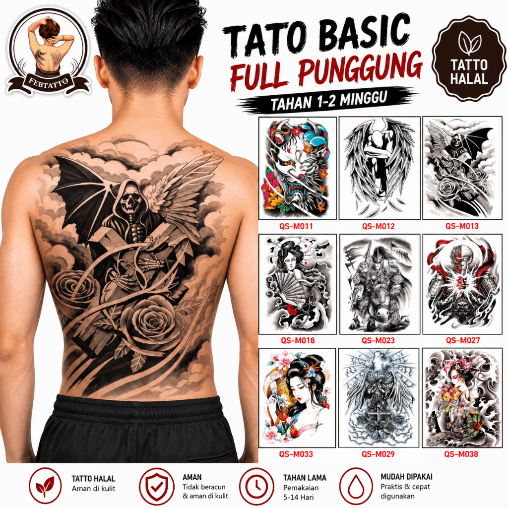 Tato Temporer FULL PUNGGUNG 34x48cm Tato sayap, tengkorak, ksatria, ghesia, kepala monyet, malaikat 