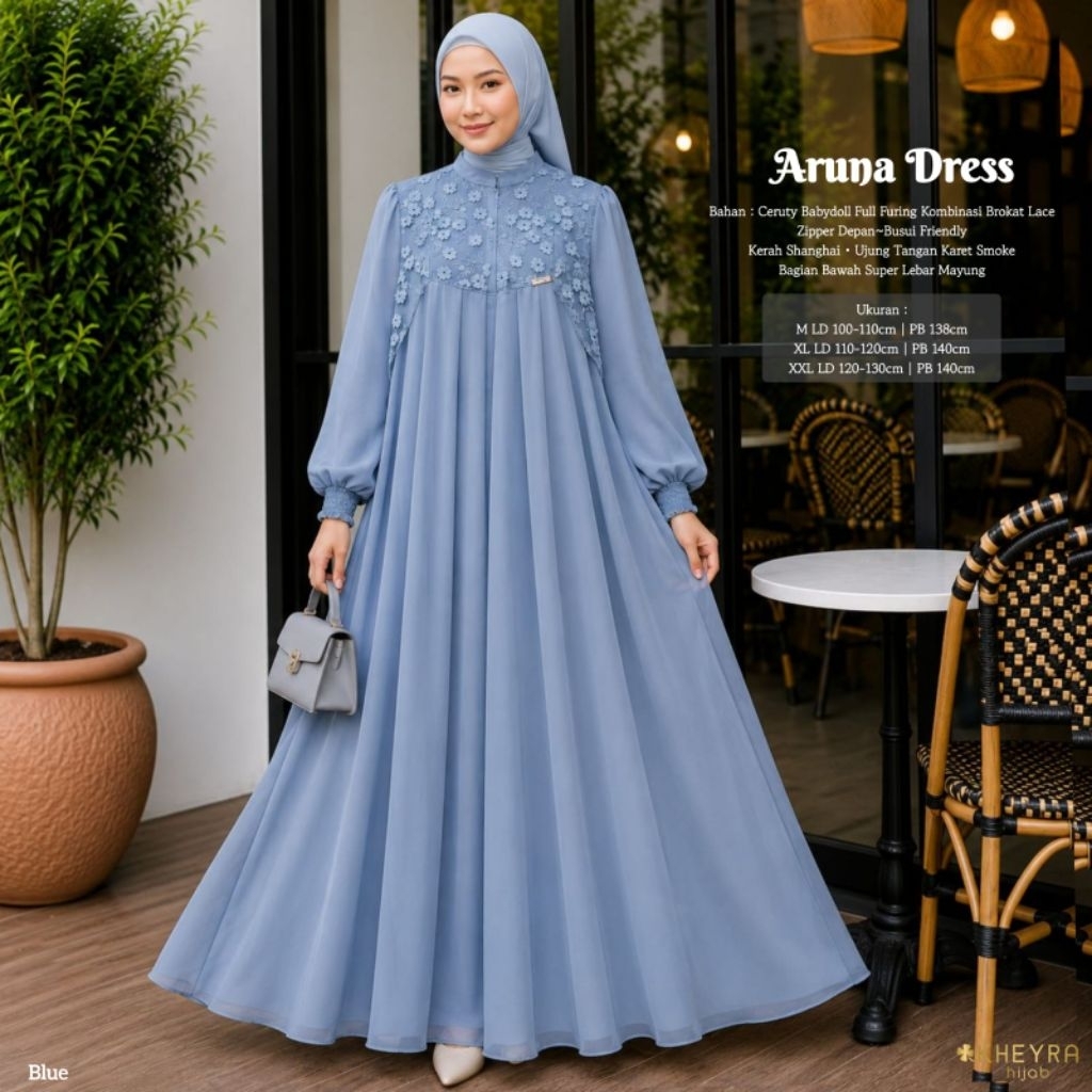 Kheyra - Aruna Dress | Gamis Wanita Ceruty Babydoll Full Furing Mix Brokat Lace Mewah