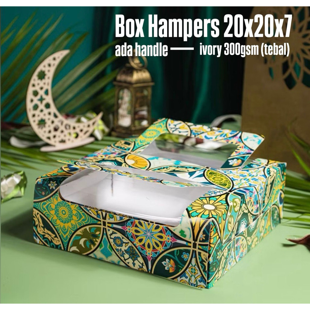 Box Hampers Kue (isi 8) / Nasi Handle Batik Hijau 20x20x7 cm / Bahan Ivory 300gsm tebal