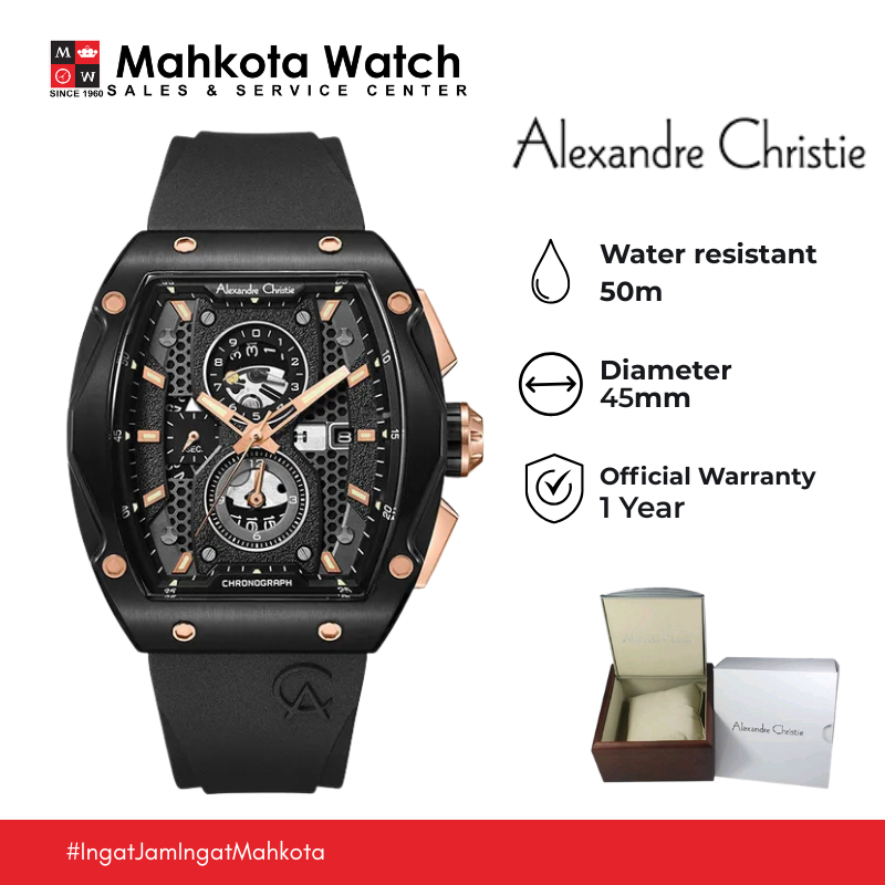 Alexandre Christie Chronograph AC 6608 MC RBRBA Men Black Dial Black Rubber Strap