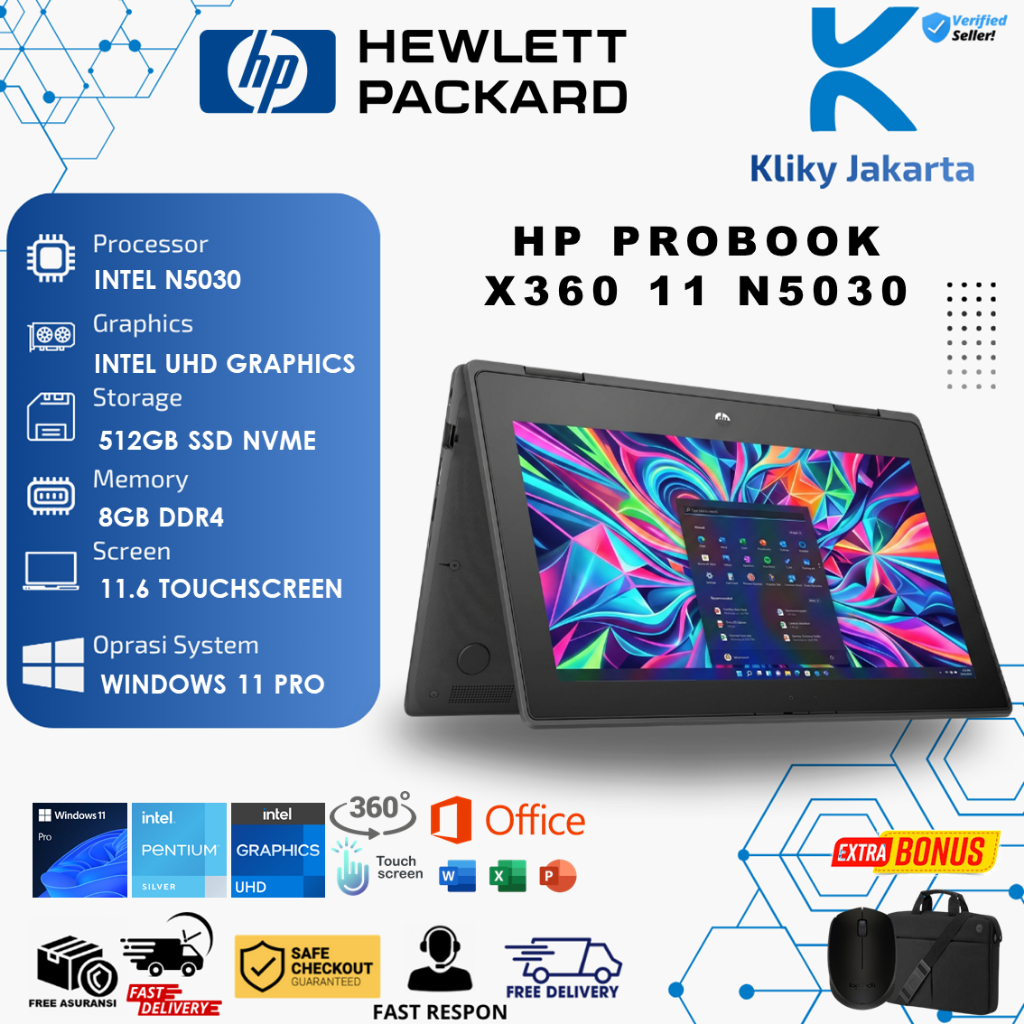 Laptop HP Probook X360 11 Intel Pentium Silver N5030 8GB 512GB 11.6 Touch Windows 11 Pro