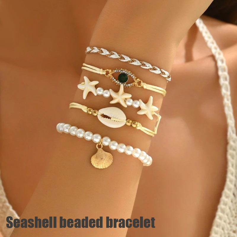 Gelang Tali tangan kerang laut bintang laut butir beras mata Bohemia beranyam lima set