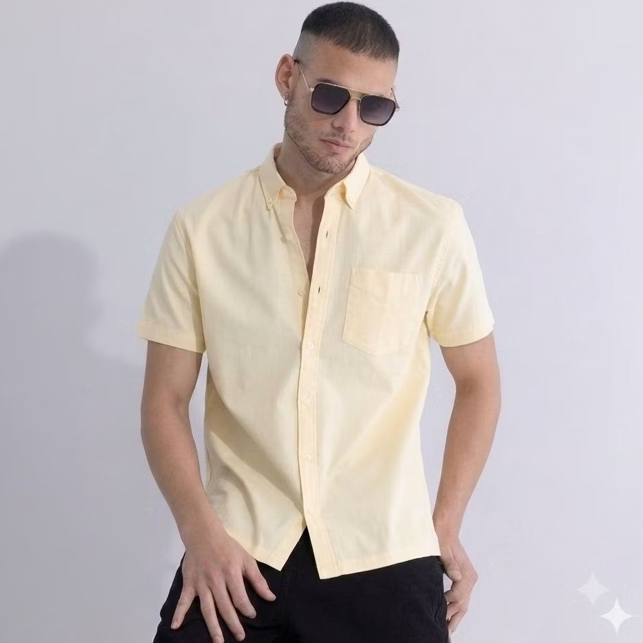 Kemeja Polos Butter yellow Lengan Pendek kemeja atasan pria slimfit kemeja polos soft yellow
