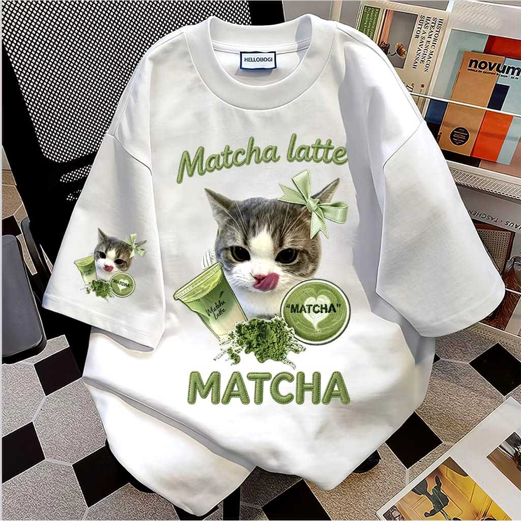 Kaos Pola Matcha Latte kucing segar | Fashion korean style baju kaos oversize|Baju atasan wanita ter